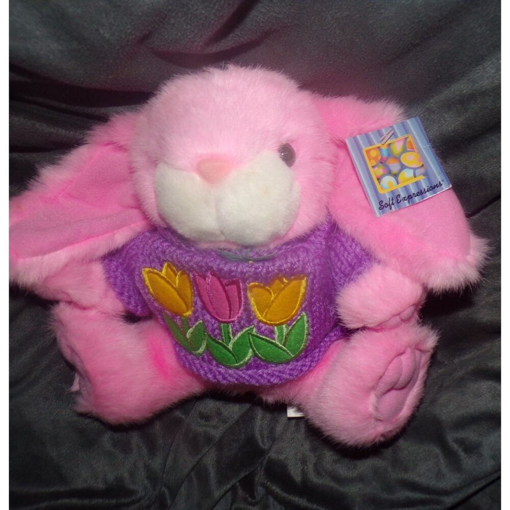 Pink Bunny Rabbit Plush Stuffed Easter With Purple Sweater Tulip NWT